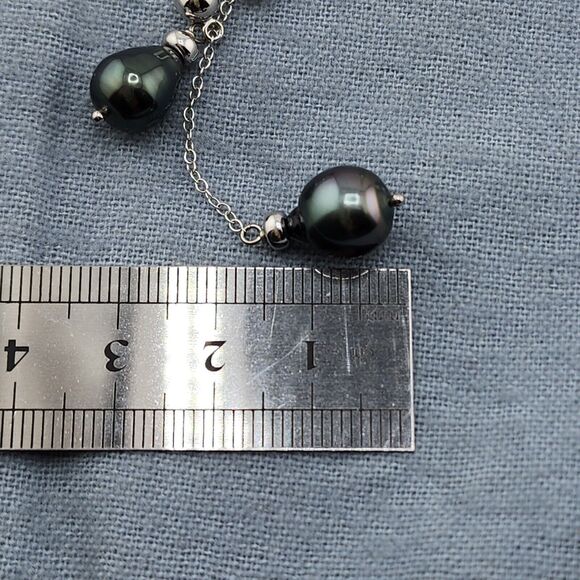 Sterling Silver 8-10mm Black Tahitian Double Pearl Drop Dangle Post Earrings - Picture 4 of 6